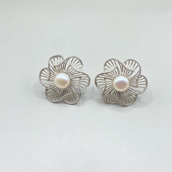 925 Sterling Silver Jewelry - Sterling Silver Cultured Pearl Filigree Large Flower Earrings